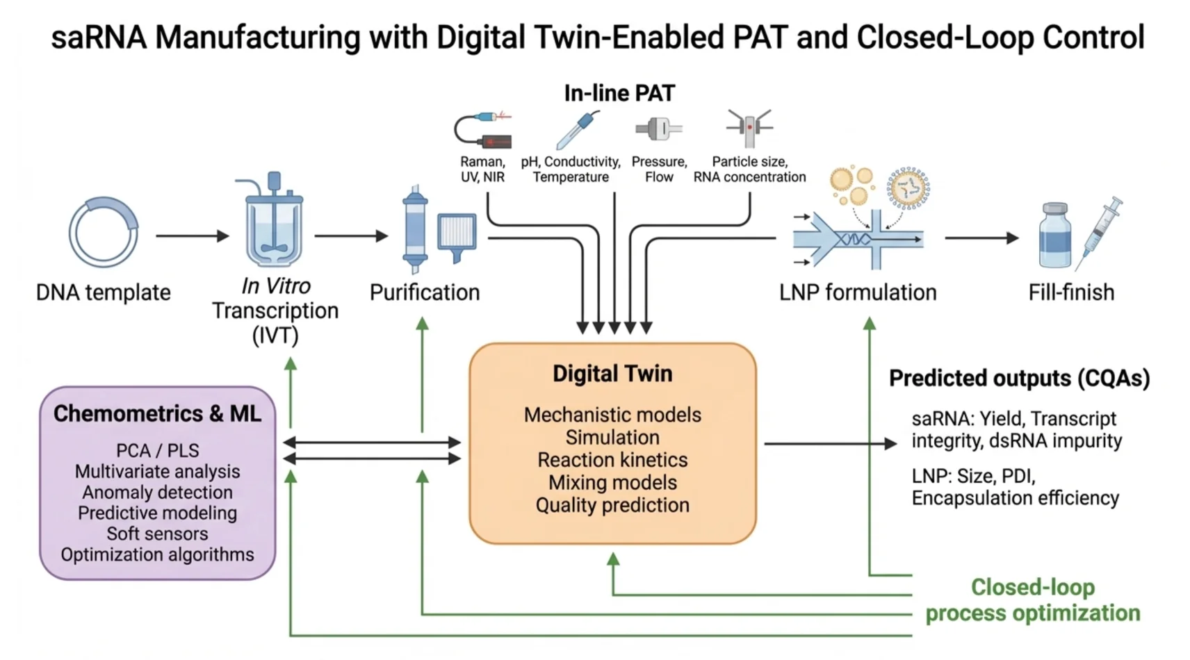 Original research vision: nucleic acid manufacturing integrated with PAT, chemometrics and digital-twin modelling